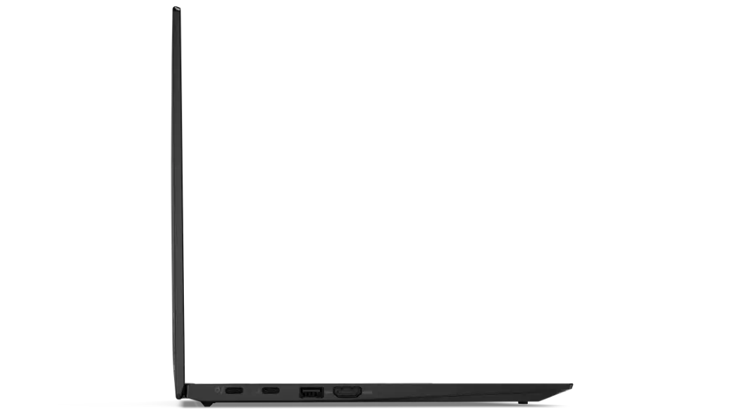 Vista del lateral izquierdo de la laptop ThinkPad X1 Carbon 9na Gen abierta a 90°