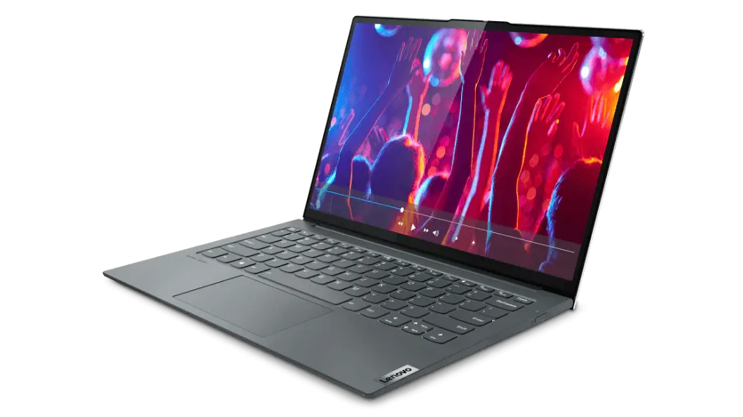 Laptop Lenovo ThinkBook 13x en Storm Grey (gris tormenta) abierta 110° y vista desde la parte frontal derecha en un ángulo alto, mostrando el teclado y la pantalla de 13.3”