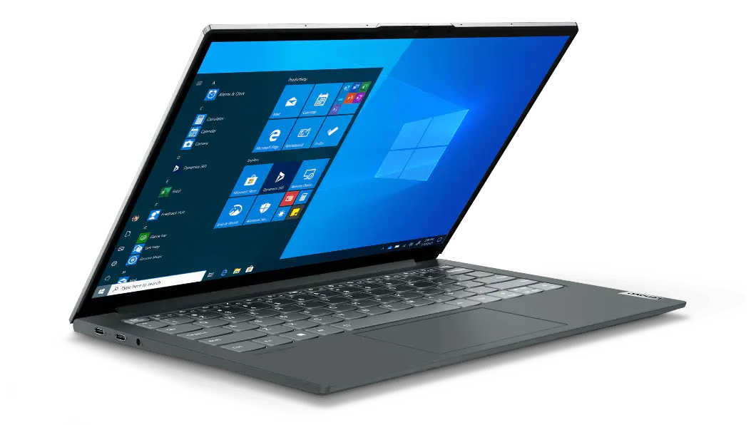 Laptop ThinkBook 13x en color Storm Grey (gris tormenta) abierta 75° y vista desde la parte frontal izquierda en un ángulo bajo, revelando el teclado y la pantalla de 13.3”