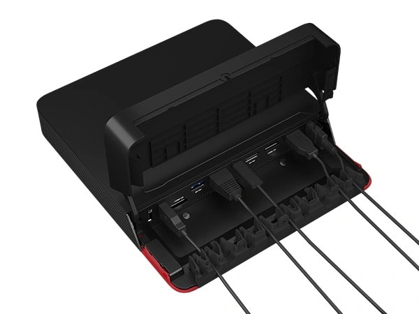 Aerial side view of ThinkSmart Core for Microsoft Teams Rooms computing device, showing various plugged-in cables, part of Lenovo ThinkSmart Core Full Kit with IP Controller for Teams