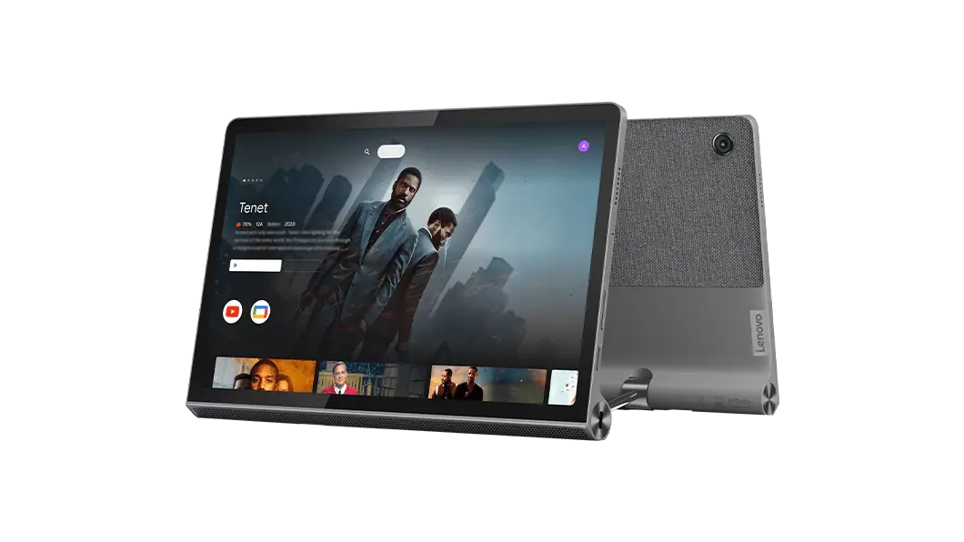 Dos tablets Lenovo Yoga Tab 11: vistas frontal y posterior escalonadas con una vista frontal que muestra una aplicación de entretenimiento con el programa ''Tenet'' listo para ver