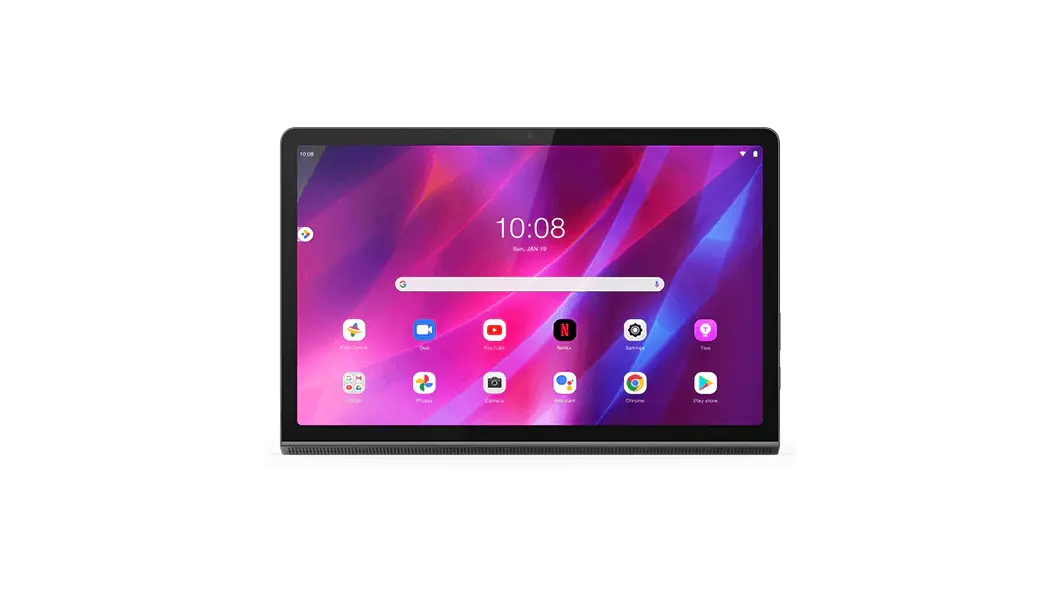 Tablet Lenovo Yoga Tab 11: vista frontal con pantalla de inicio e íconos de aplicaciones en la pantalla