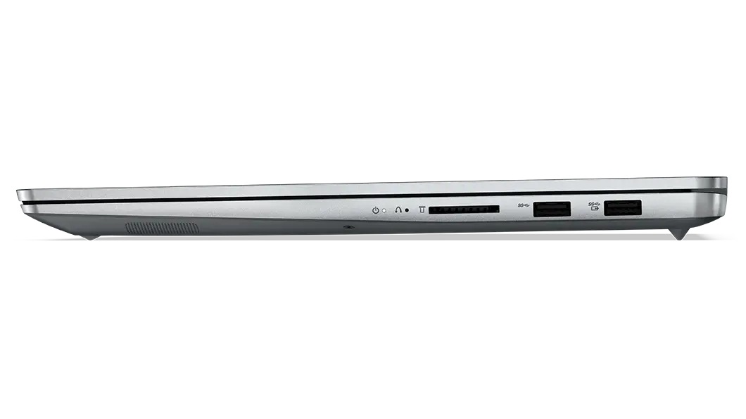Close up of right-side ports on closed-cover Lenovo IdeaPad 5 Pro Gen 7 laptop in Cloud Grey. 