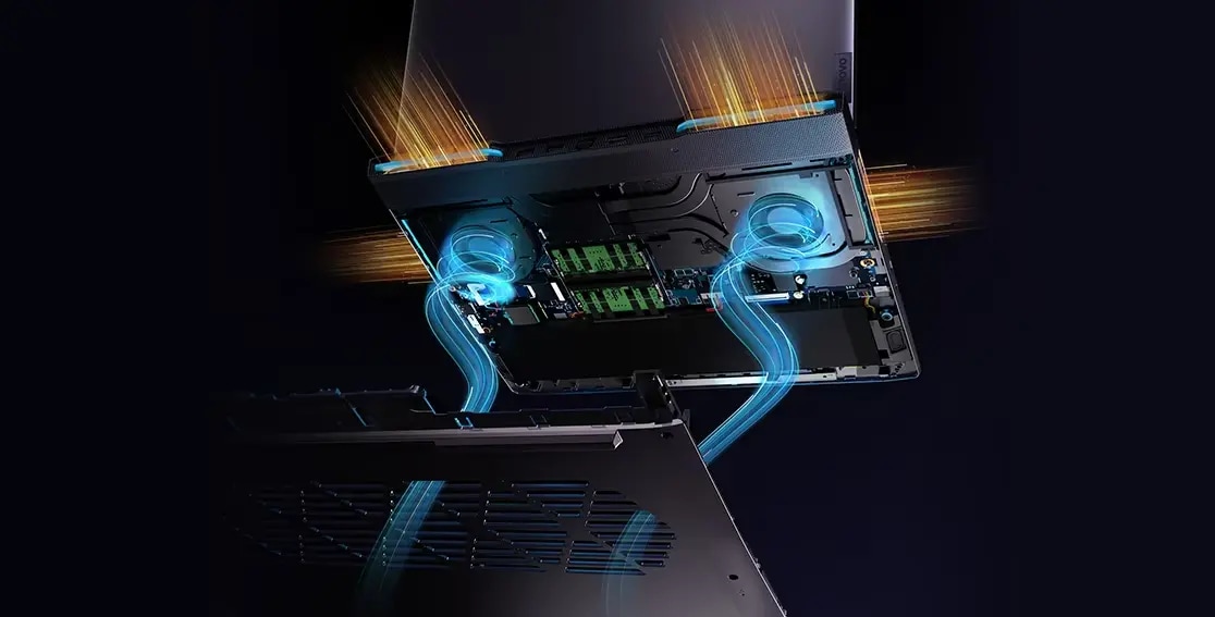 Vista interna de los componentes del portátil para videojuegos Lenovo LOQ 16IRH8, destacando el sistema de ventilación/térmico
