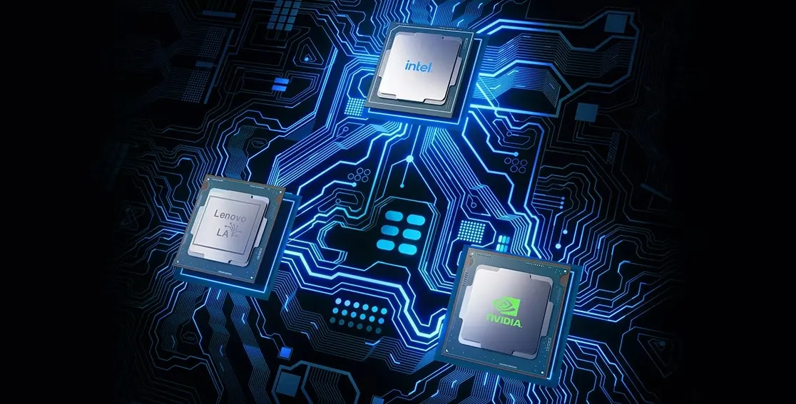 Gráfico de una placa de circuitos mostrando los chips IA LA1 de Lenovo, así como de Intel e NVIDIA
