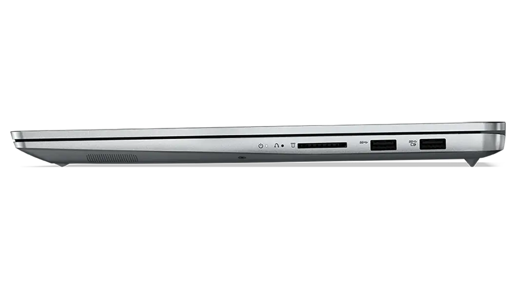 Primer plano de los puertos del lateral derecho del portátil Lenovo IdeaPad 5i Pro Gen 7 en color Cloud Grey con la tapa cerrada.