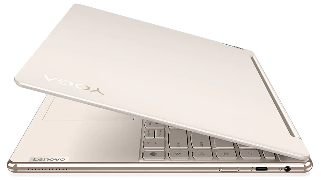 Yoga 9i Gen 7 in Oatmeal color option, slightly closed in laptop mode, right side profile