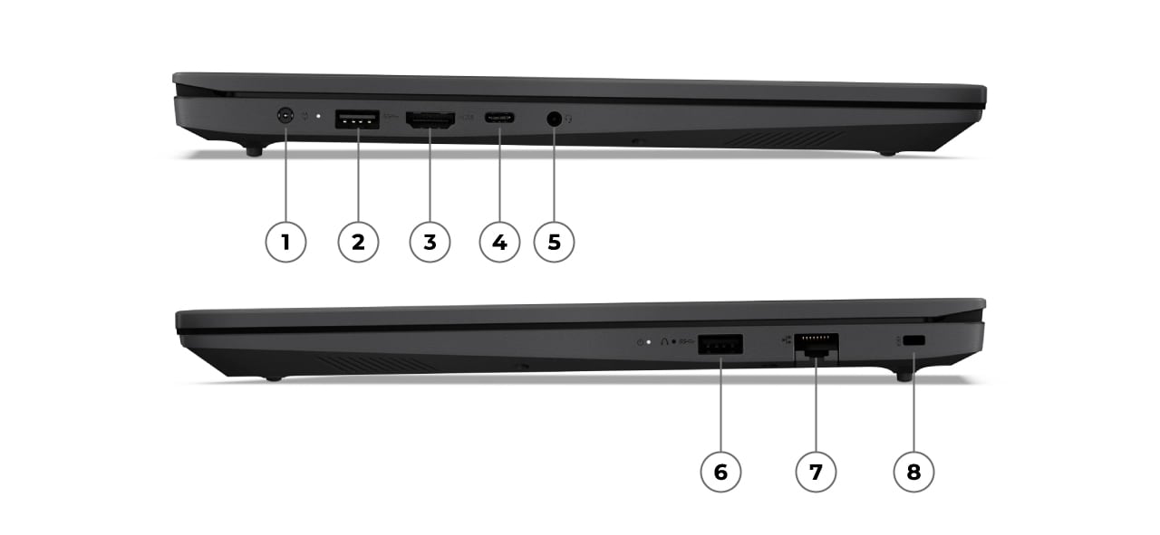 Right and left side ports, numbered, on the Lenovo V15 Gen 4 laptop in Basic Black.