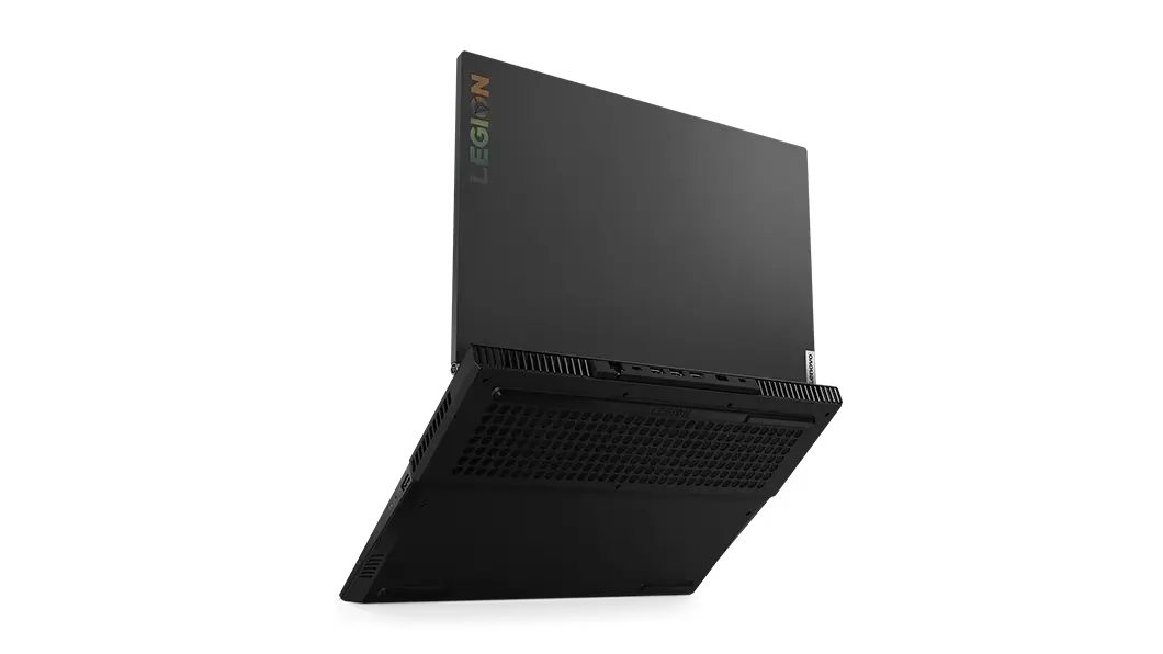 Left rear view of the Lenovo Legion 5 15 laptop open at an obtuse angle