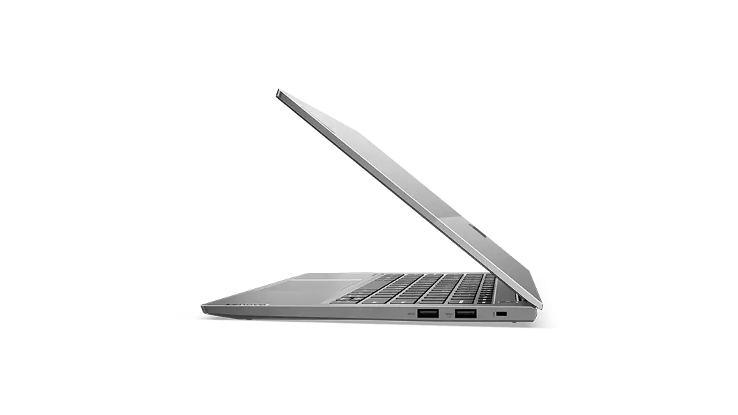Vista lateral derecha del portátil Lenovo ThinkBook 13s (Intel) abierto en ángulo agudo