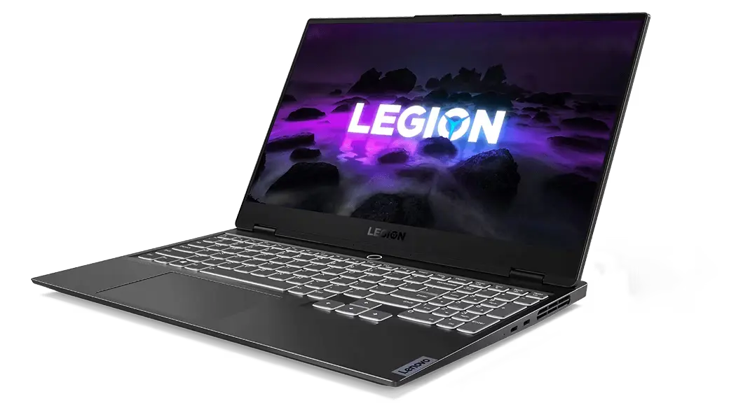 Imagen del frente de la laptop gamer Lenovo Legion Slim 7 6ta Gen vista desde un ángulo derecho, con el teclado retroiluminado
