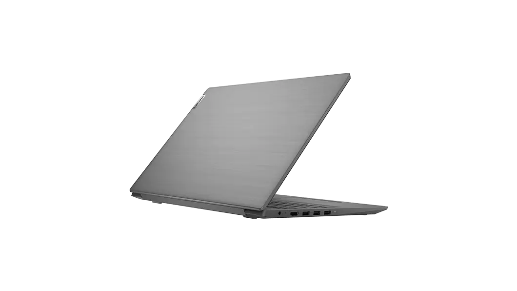 Lenovo V15 laptop – ¾ left rear view, with lid partially open
