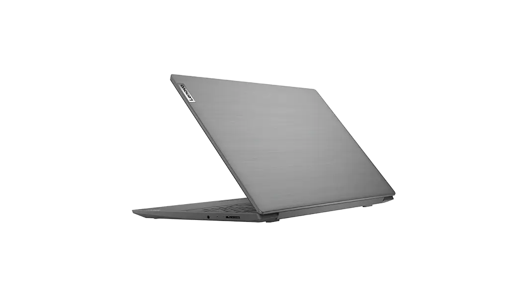 Lenovo V15 laptop – ¾ right rear view, with lid partially open