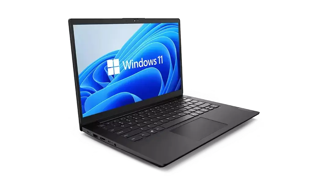 Imagen de semiperfil derecho de la laptop Lenovo K14 (14”, Intel) abierta a 180°. Su pantalla está encendida con la imagen de Windows 11.