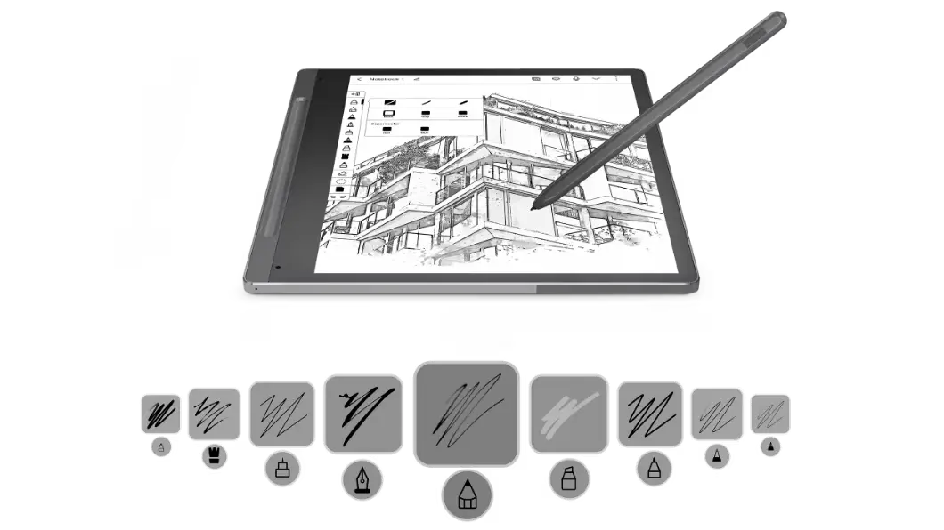 Front-facing Lenovo Smart Paper & Lenovo Smart Pen, with 10.3&quot; E-Ink screen showing drawing, with thumbnails of different pen types