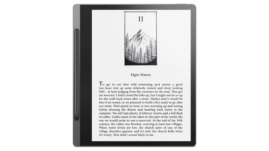 Front-facing Lenovo Smart Paper & Lenovo Smart Pen, with 10.3&quot; E-Ink screen showing page of an e-book.