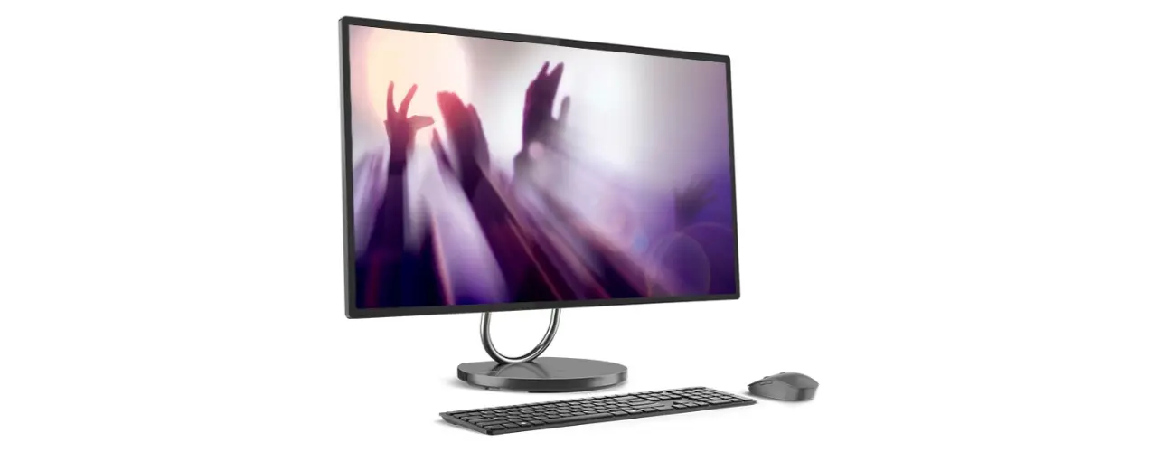 Yoga AIO 9i Gen 8 facing right with optional mouse and keyboard in front