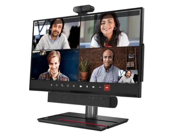 Front left three-quarter view of Lenovo ThinkSmart View Plus with the camera and soundbar attached