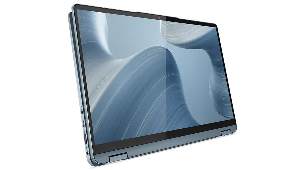 Imagen de semiperfil izquierdo de la laptop IdeaPad Flex 5i 7ma Gen (14″, Intel) en modo tablet, en color stone blue