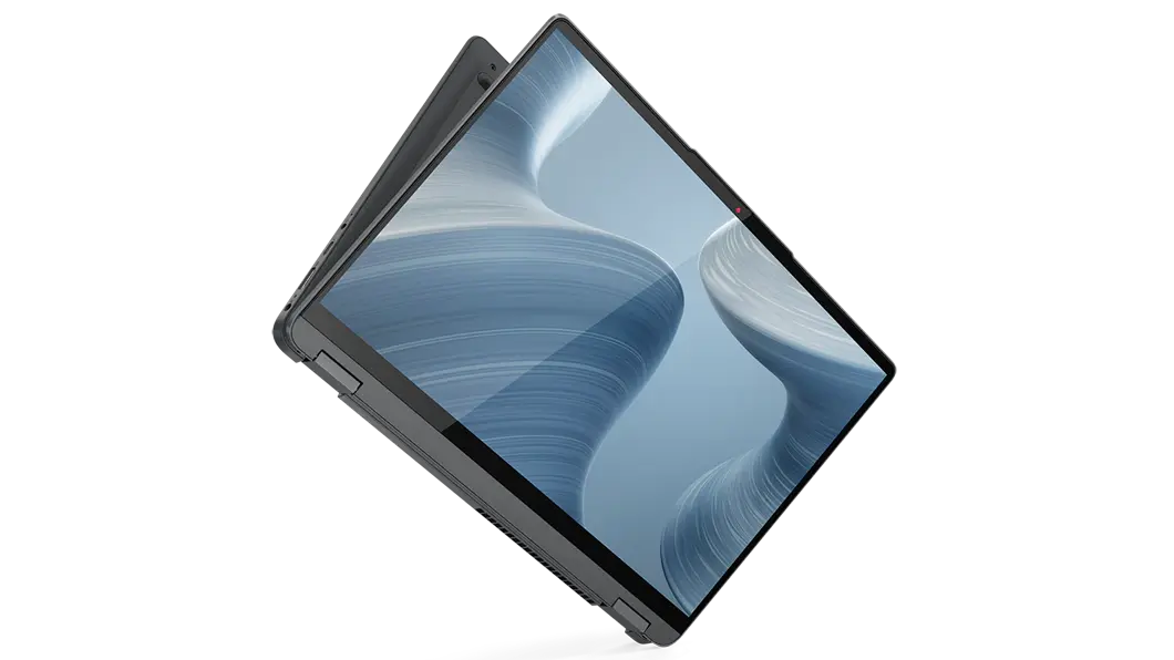 Imagen de la laptop IdeaPad Flex 5i 7ma Gen (14″, Intel) plegada en modo tablet, en color storm grey (gris tormenta)