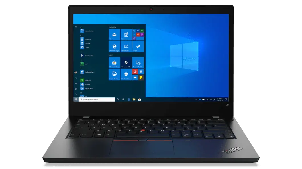 Imagen frontal de la laptop ThinkPad L14 2da Gen (14”, AMD) abierta a 90° y con la pantalla encendida en el escritorio de Windows