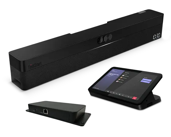 ThinkSmart One for Microsoft Teams Rooms, Windows-based conference room bar, next to Lenovo IP Controller, a 10-point multitouch HD display