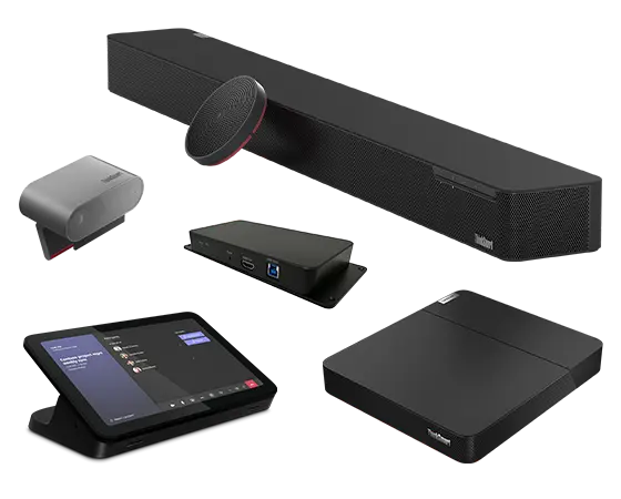 Side view of Lenovo ThinkSmart Core Full Kit with IP Controller for Teams components: ThinkSmart Core for Microsoft Teams Rooms computing device, Lenovo IP Controller, Lenovo Link Box, ThinkSmart Cam, ThinkSmart Bar, standalone mic pod, & Lenovo Link Box