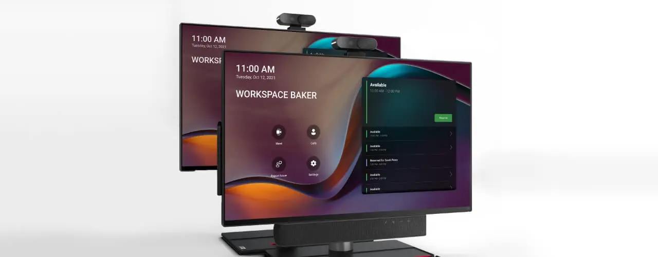 Two forward-facing Lenovo ThinkSmart View Plus monitors, with camera and soundbar attached, one sitting in front of the other with the rear monitor raised slightly higher than the front monitor