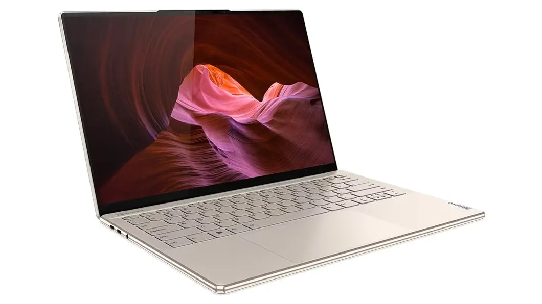 Left side view of Lenovo Yoga Slim 9i Gen 7 (14″ Intel) laptop, opened, showing display and keyboard