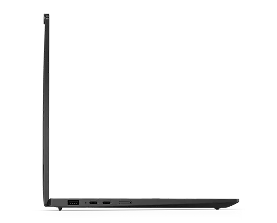 Perfil del lado izquierdo del portátil Lenovo ThinkPad X1 Carbon Gen 12 abierto en un ángulo de 90 grados.