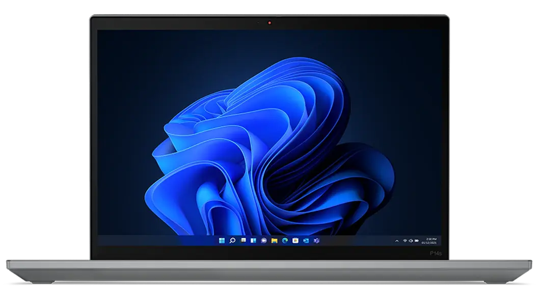 Vista frontal de la workstation móvil ThinkPad P14s 3ra Gen abierta mostrando la pantalla
