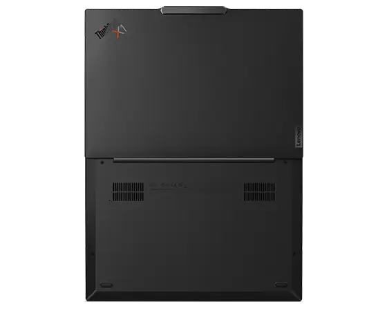 Vista desde arriba del portátil Lenovo ThinkPad X1 Carbon Gen 12 abierto en un ángulo de 180 grados, que muestra las cubiertas inferior y superior.