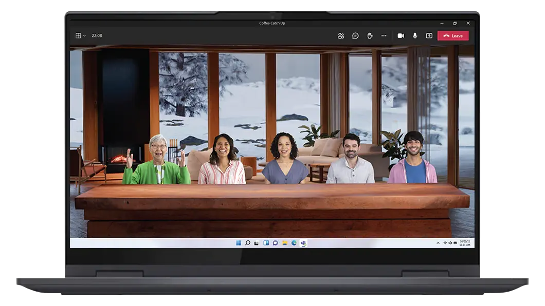 Vista de frente de la laptop 2 en 1 Yoga 7i (15.6”, Intel) abierta a 90° en color dark moss