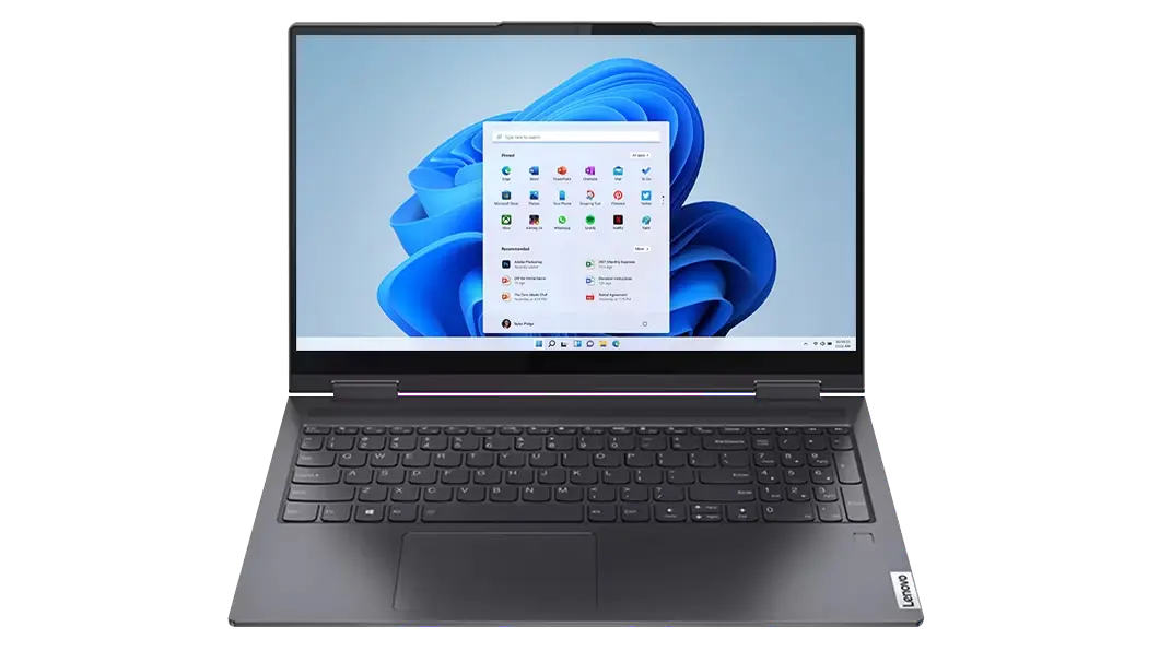Imagen frontal de la laptop 2 en 1 Yoga 7i (15.6”, Intel) abierta a poco más de 90° en color dark moss