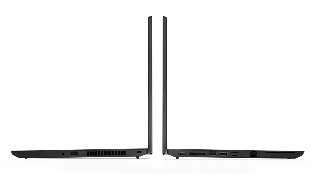 Imagen de ambos perfiles de la computadora portátil ThinkPad L15 (15.6”, AMD) abierta a 90°, con sus puertos y ranuras a la vista