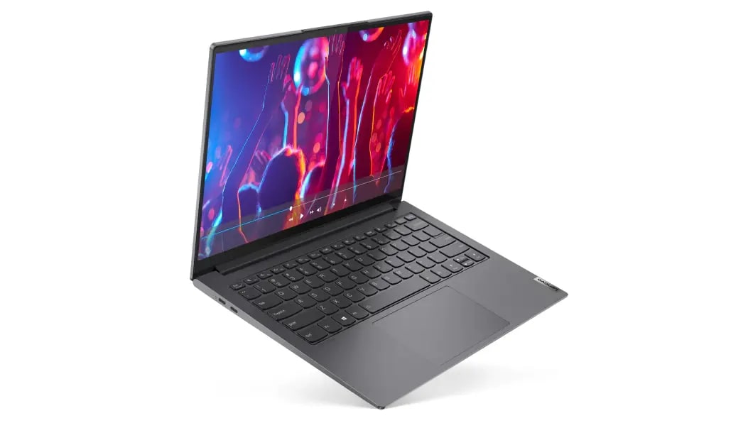 Vista del lateral izquierdo de la laptop Yoga Slim 7 Pro 14” AMD gris pizarra