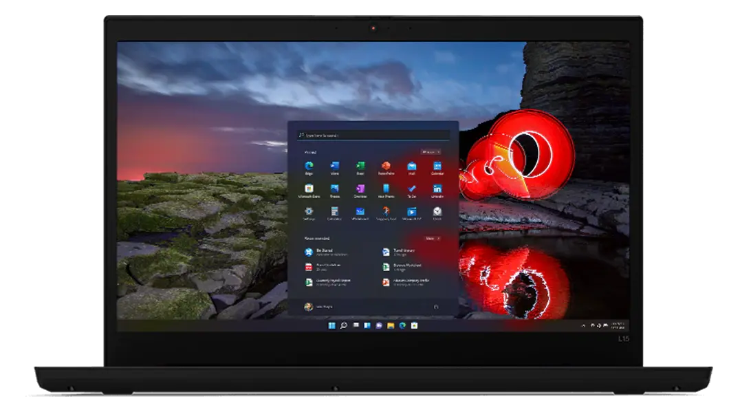 Imagen frontal de la laptop ThinkPad L15 (15.6”, AMD) abierta a 90° con la pantalla encendida