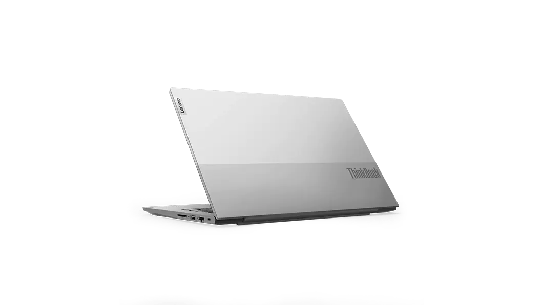 Imagen superior de la laptop Lenovo ThinkBook 14 Gen 3 (14&quot;, AMD) abierta a 180° con la pantalla encendida