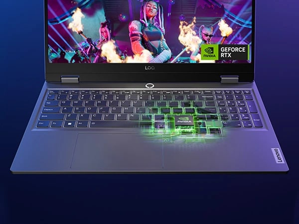 Lenovo LOQ 15IRX9 gaming laptop – front closeup of keyboard with x-ray view of NVIDIA GPU inside