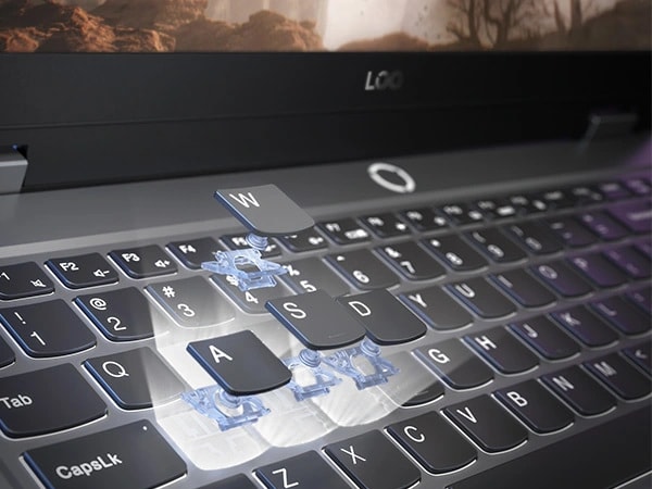 Lenovo LOQ 15IRX9 gaming laptop – closeup of keyboard, showing A, S, D, and W keys exploding outward