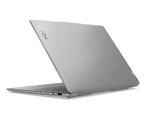 Rear view of open Luna Grey Yoga Slim 7i Gen 9 laptop with OLED display facing left