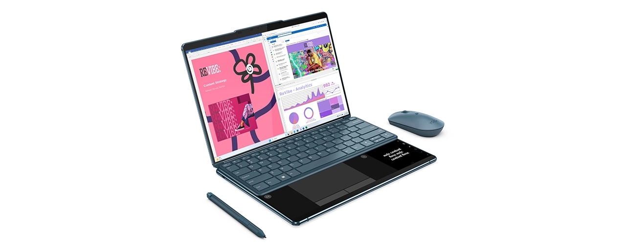 Front left angle view of the Lenovo Yoga Book 9i (13 Intel) with keyboard, mouse, and stylus pen