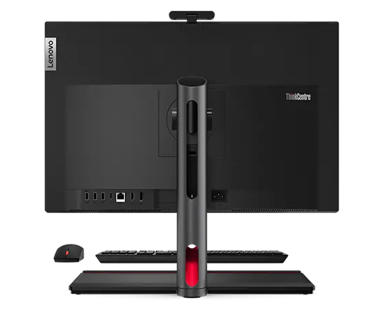 Rear view of Lenovo ThinkCentre M90a Gen 5 (24″ Intel) all-in-one PC, showing rear cover & ports, back of tilt-only stand, & rear sides of wireless mouse & keyboard