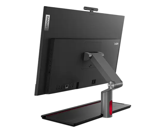 Rear-facing Lenovo ThinkCentre M90a Gen 5 (24″ Intel) all-in-one PC, showing rear cover & ports, & back of full function monitor stand