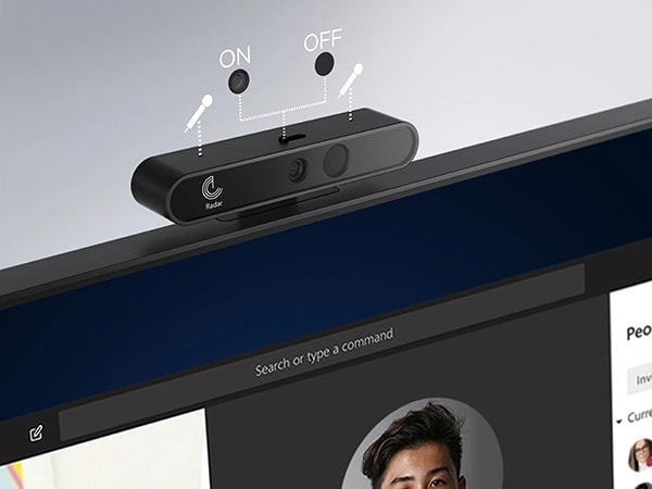 Close up of the Lenovo ThinkCentre M90a Gen 5 (24″ Intel) all-in-one PCs webcam shutter, showing the on/off buttons for camera & mic