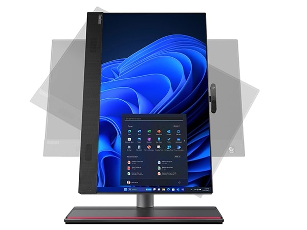 Forward-facing Lenovo ThinkCentre M90a Gen 5 (24″ Intel) all-in-one PC with a vertical display & animated screen silhouettes, showing how the display can be rotated