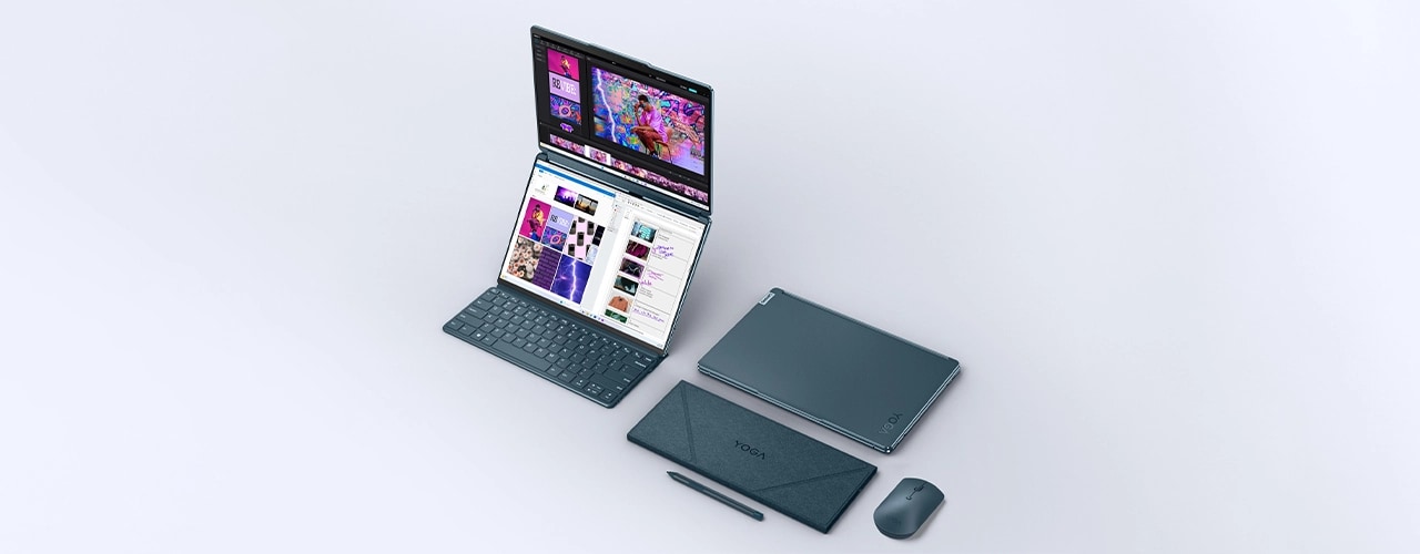 The Lenovo Yoga Book 9i (13 Intel) in two-display mode on its folio case, next to another Yoga Book, closed, with a closed folio case, a mouse, and a stylus pen alongside it