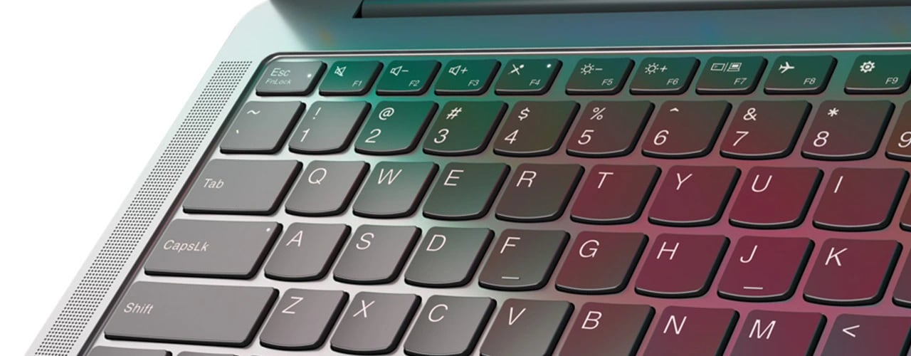 Close up of Luna Grey Yoga Slim 7i Gen 9 laptop keyboard