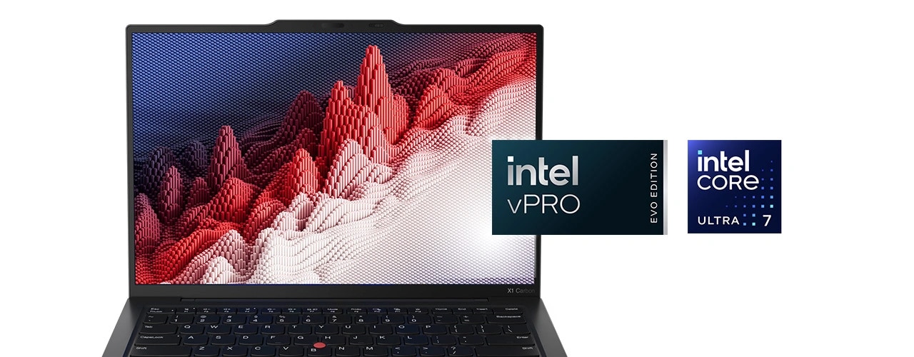 Primer plano de la pantalla y el teclado del Lenovo X1 Carbon Gen 12 abierto 90 grados, con insignias Intel Core Ultra e Intel Evo Edition.