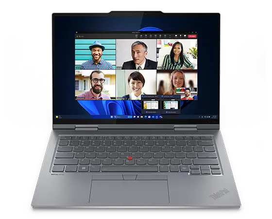 Bovenaanzicht van de voorkant van de Lenovo ThinkPad X1 2-in-1 convertible-laptop, met weergave van het 14''-beeldscherm en toetsenbord.